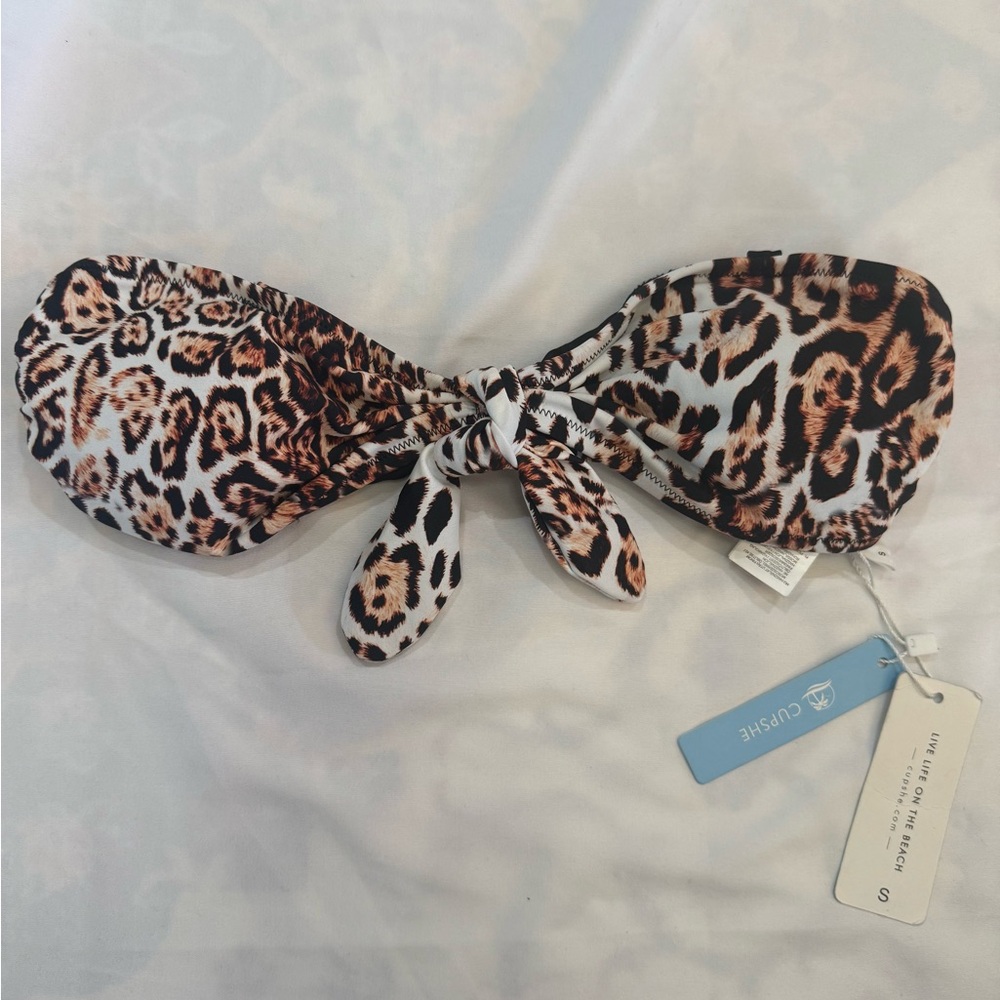 322 NWT Cupshe Leopard Print Bikini Top Small Tie Front Bandeau Swim Top